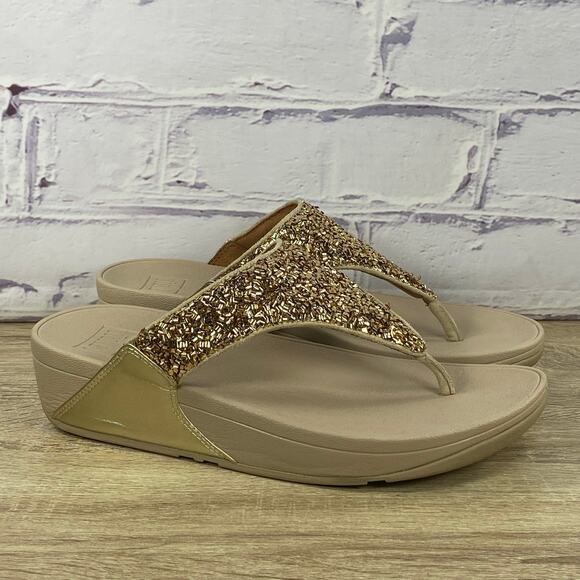FitFlop Lulu Shimmer Foil Toe-Post Sandals Women's 8 Gold Comfort Thong Slides - Picture 1 of 8